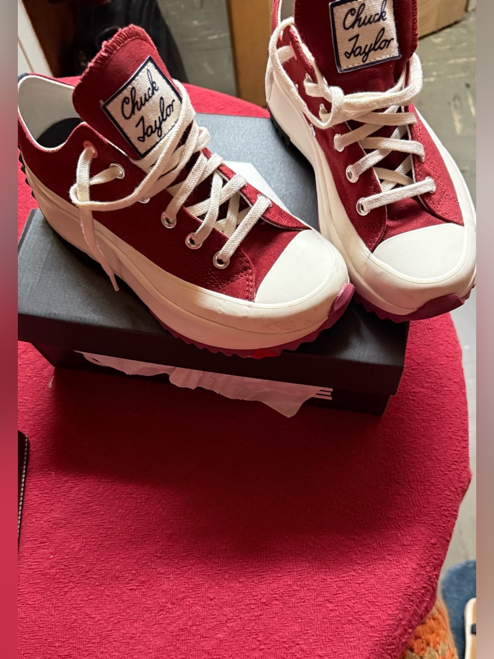 Converse Cream Canvas Sneakers with Red Stitching and Pink Insole Accents